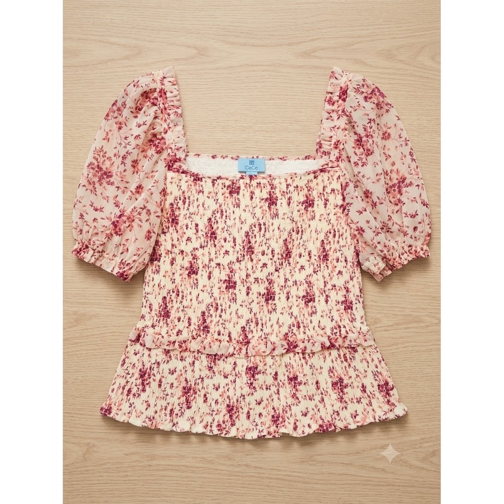 CeCe Floral Smocked Puff Sleeve Top Pink Cream XL Square Neck Ruffle Peplum